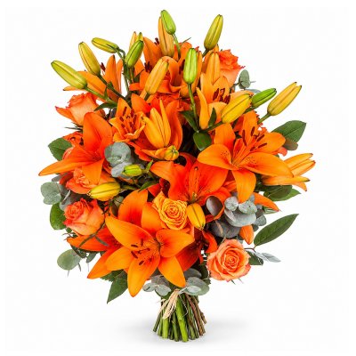 Orangefarbene Lilien und Rosen